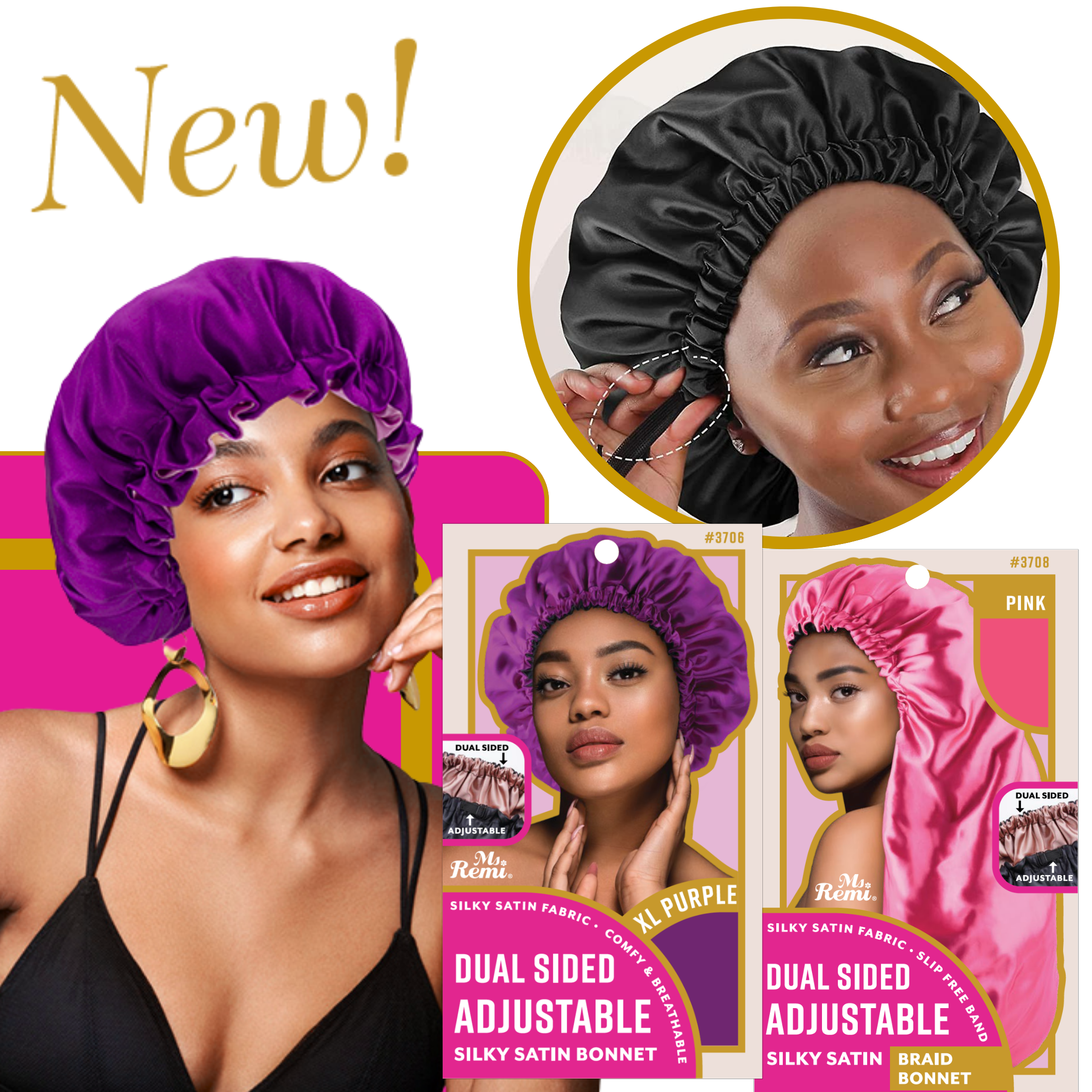 Ms. Remi Adjustable Dual-Sided Silky Satin Braid Bonnet Asst